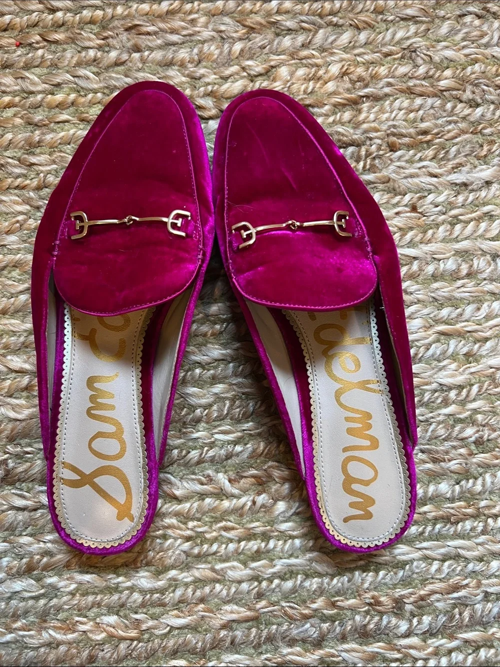 Sam Edelman Fuchsia Velvet Backless Mules with Gold Bit - Picture 3 of 4